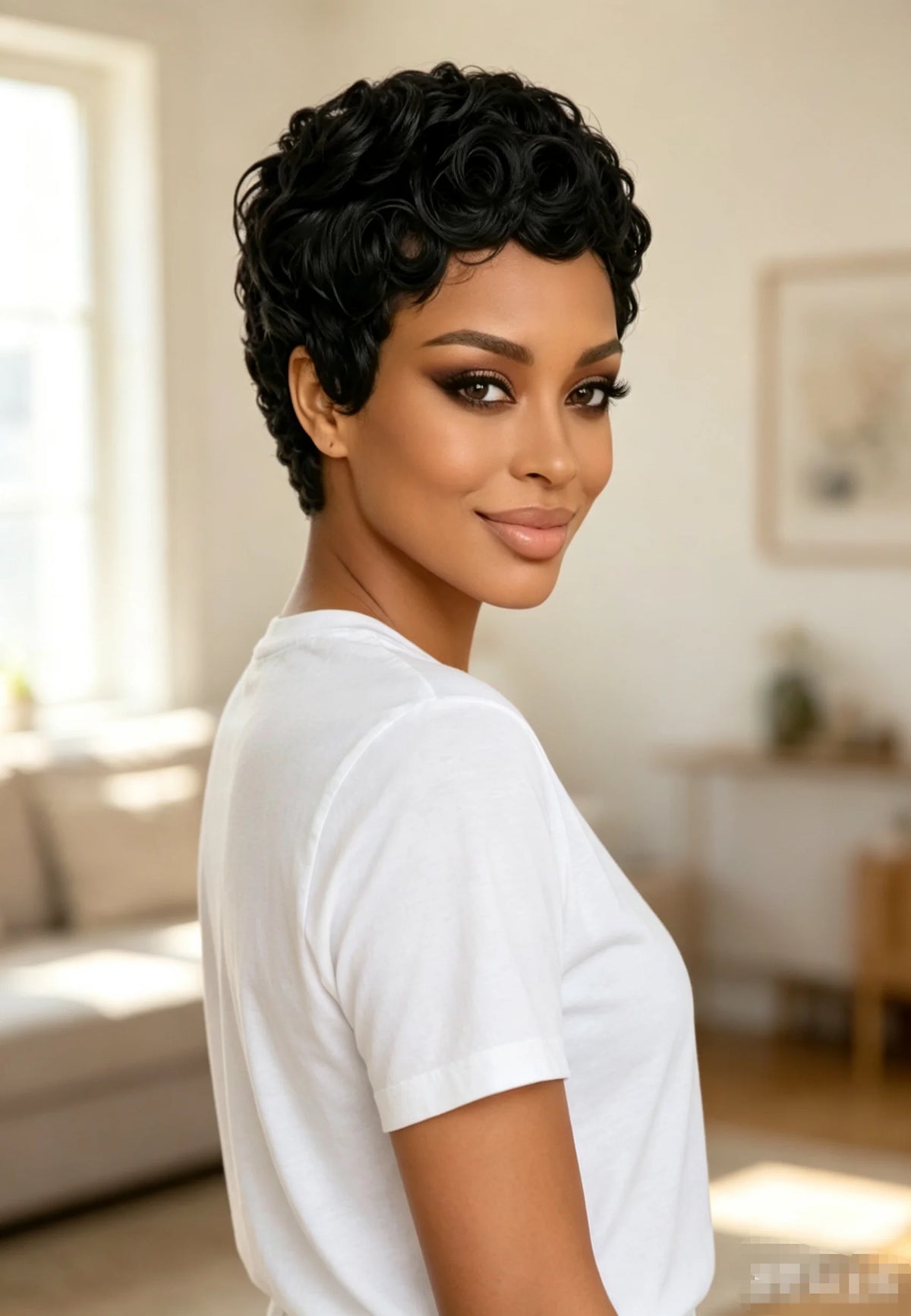 Short curly wig styled on a model
