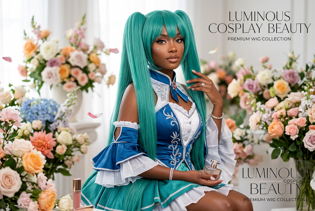 Green Blue Cosplay Wig Long Straight With Bangs Double Ponytail