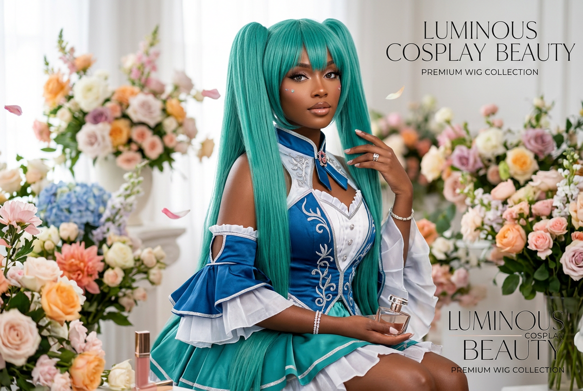 Green Blue Cosplay Wig Long Straight With Bangs Double Ponytail