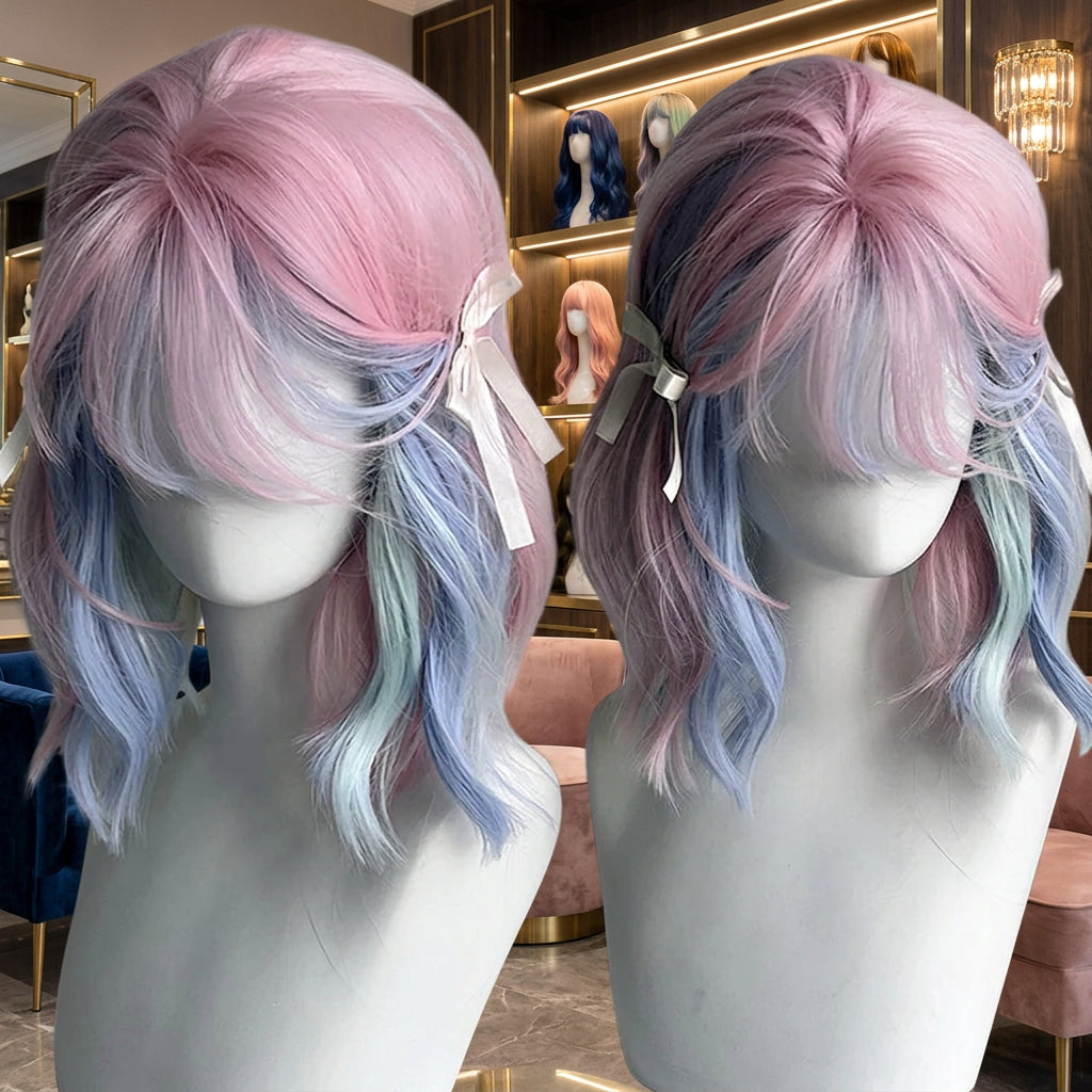 Cosplay wig shown with front, back or styling views