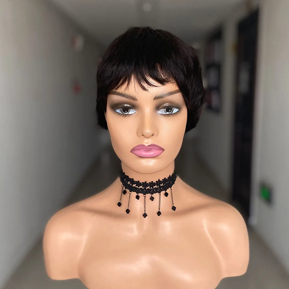 Short dark pixie wig shown from different angles