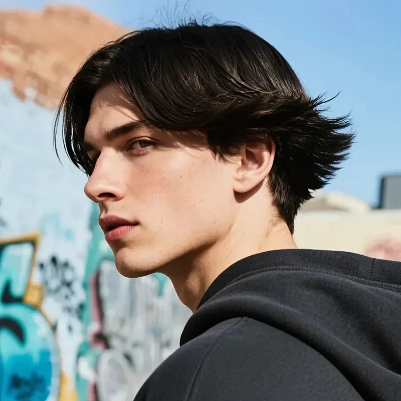 Short dark layered wig styled on a model