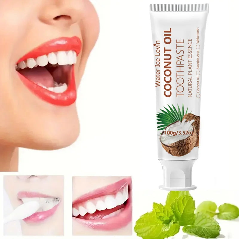 Coconut oil toothpaste with ingredient and brushing graphics