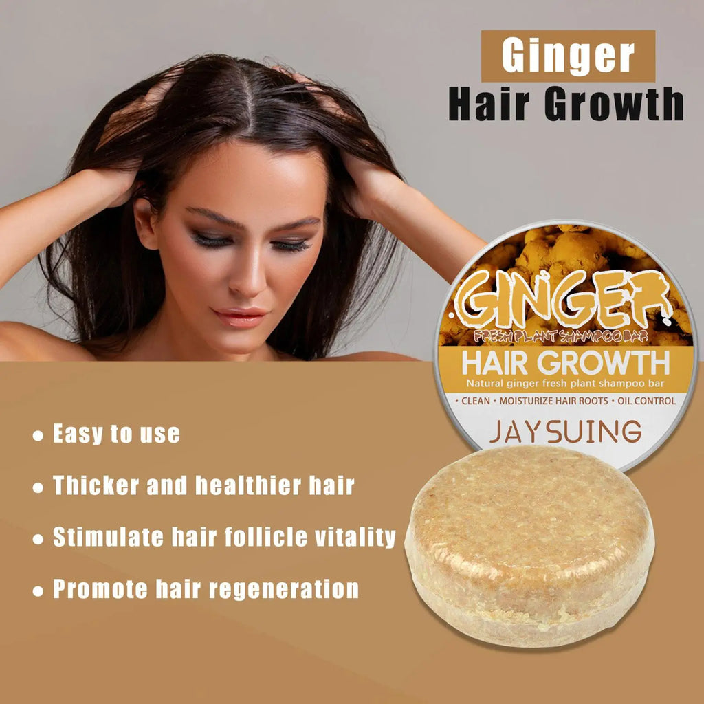 Ginger shampoo bar with hair care and application graphics