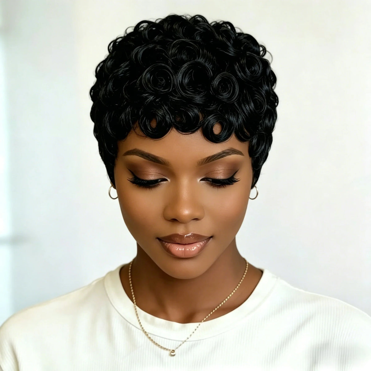 Short curly wig shown from front and back