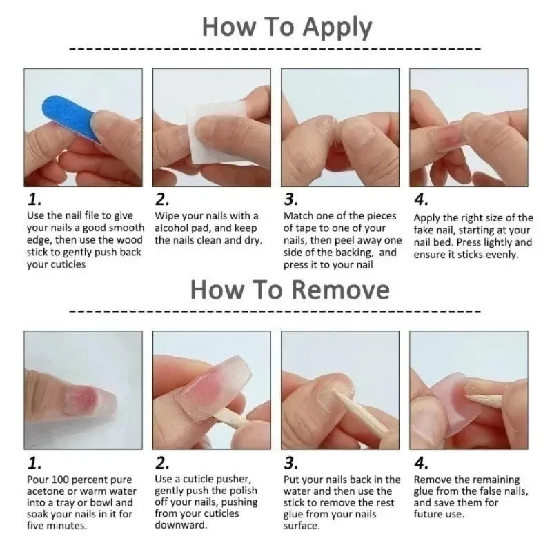Illustrated press-on nail application and removal instructions