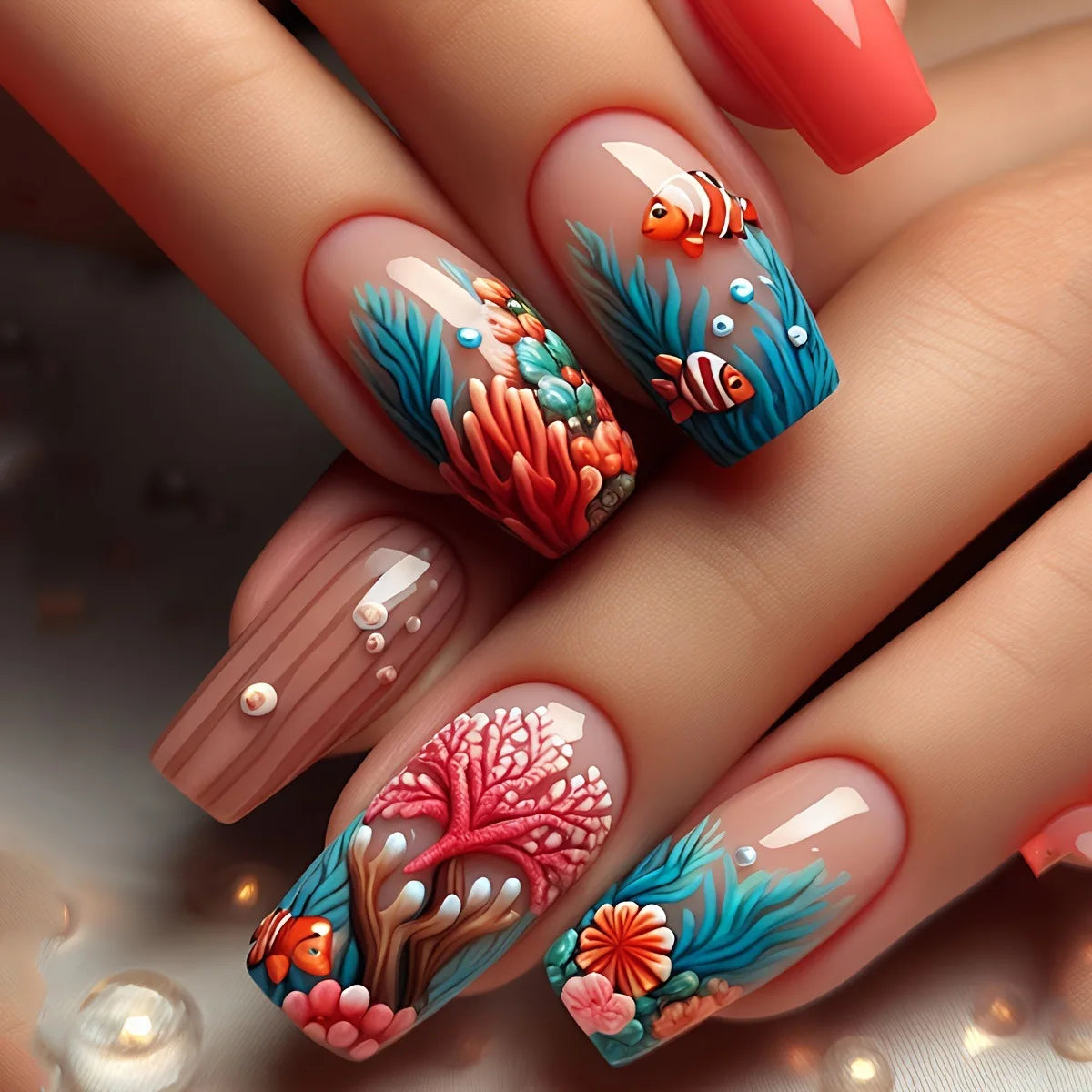 Colorful marine-themed nail artwork shown on hands