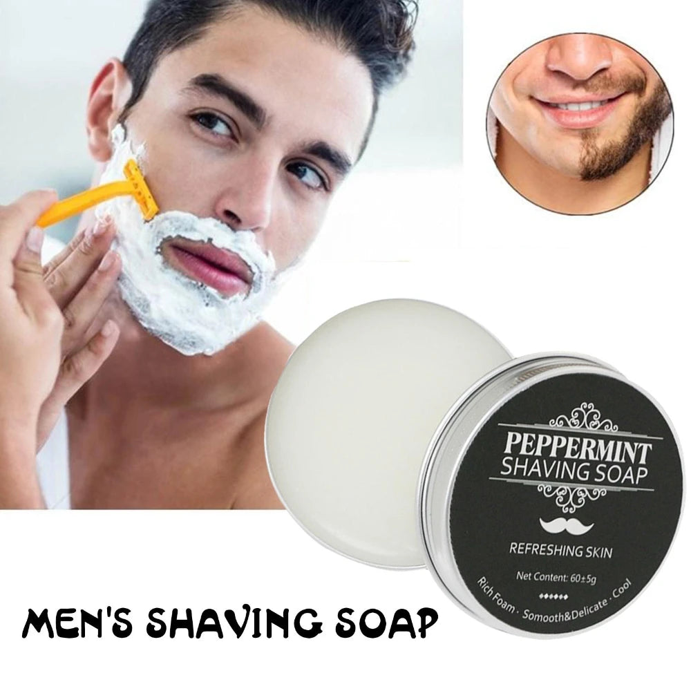 Shaving soap with lather and shaving brush application examples