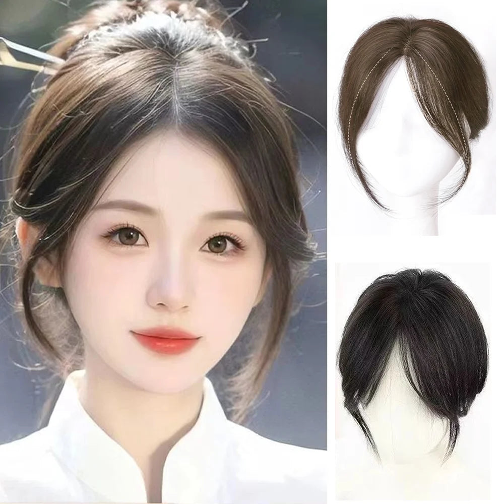 Clip-in fringe hairpiece with styling and construction examples
