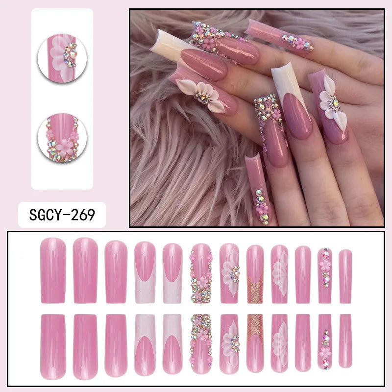 Press-on nail set with manicure example and design samples