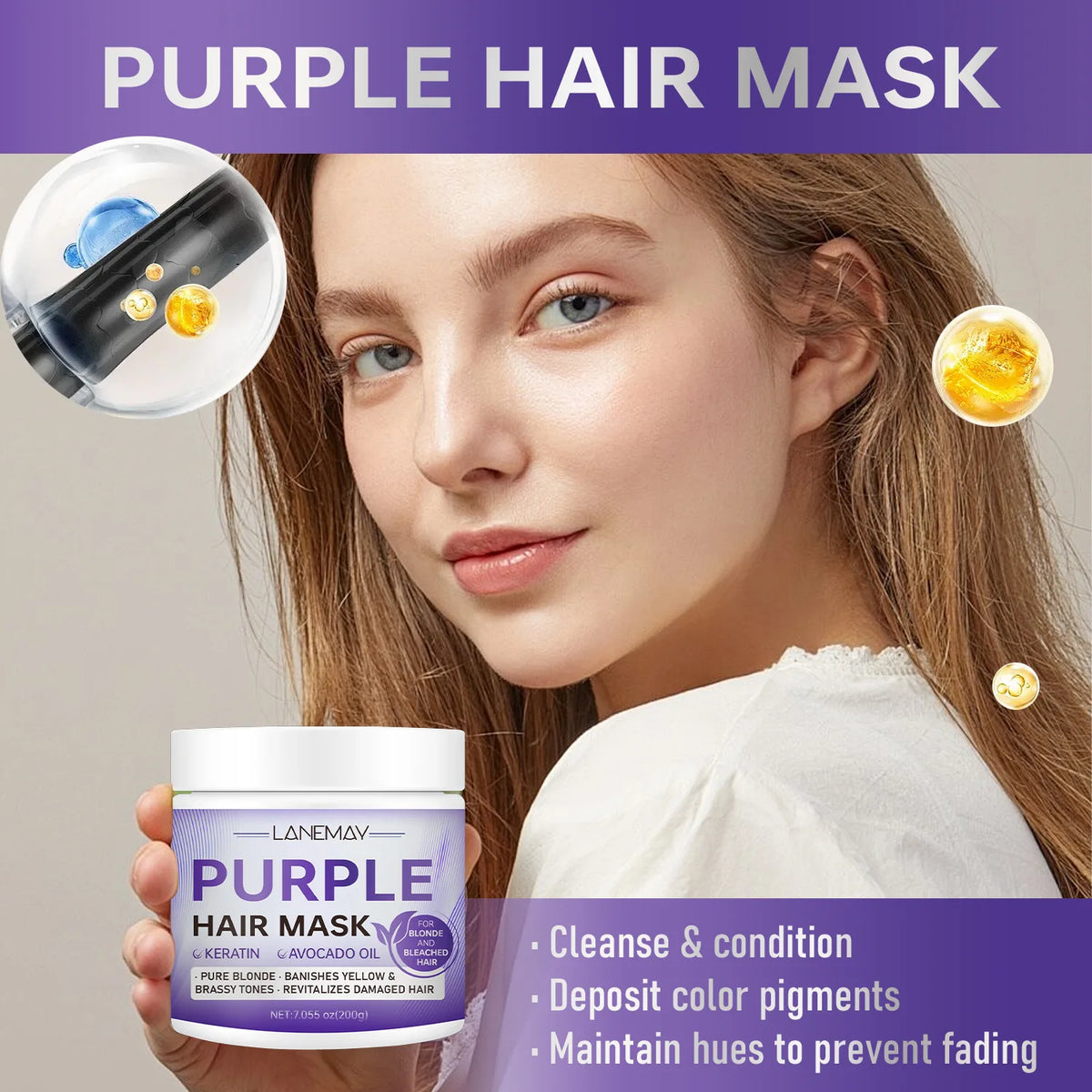 Purple hair mask with hair color and application examples