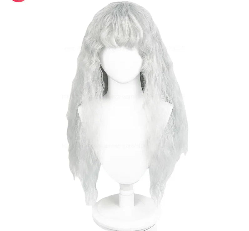 Long white wavy cosplay wig on a mannequin