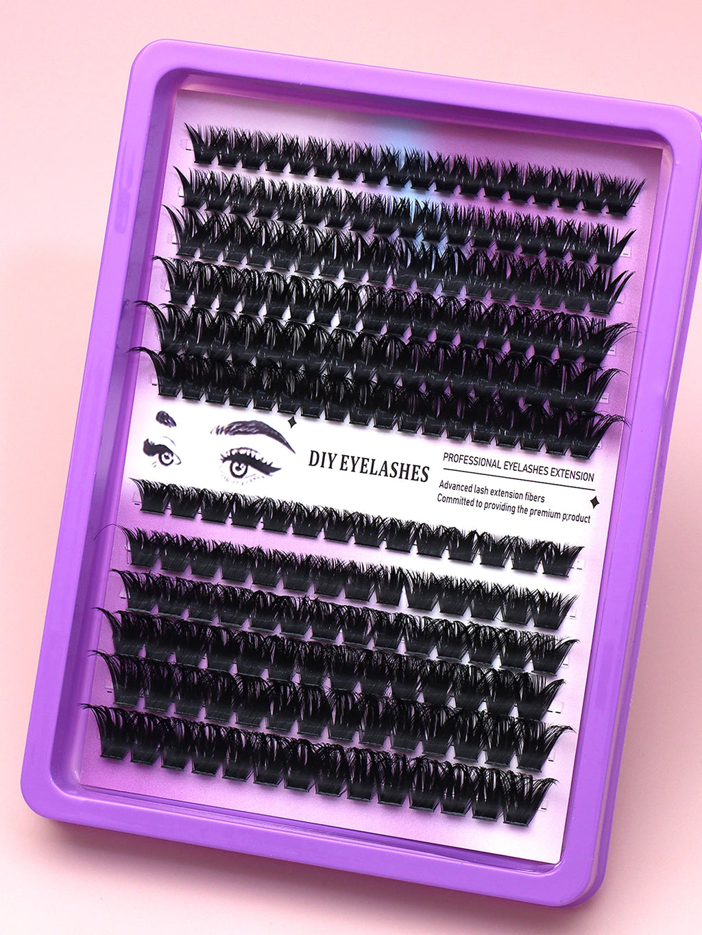 False eyelash clusters arranged in rows in a tray
