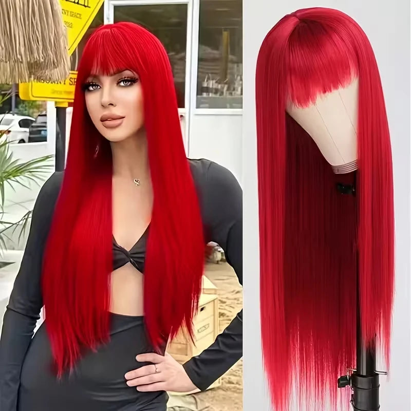 Long straight wig with bangs shown on a model and mannequin