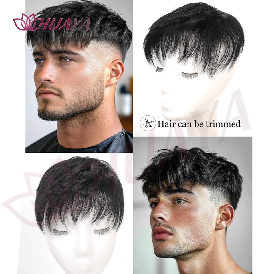 Short dark hair topper with styling and application examples