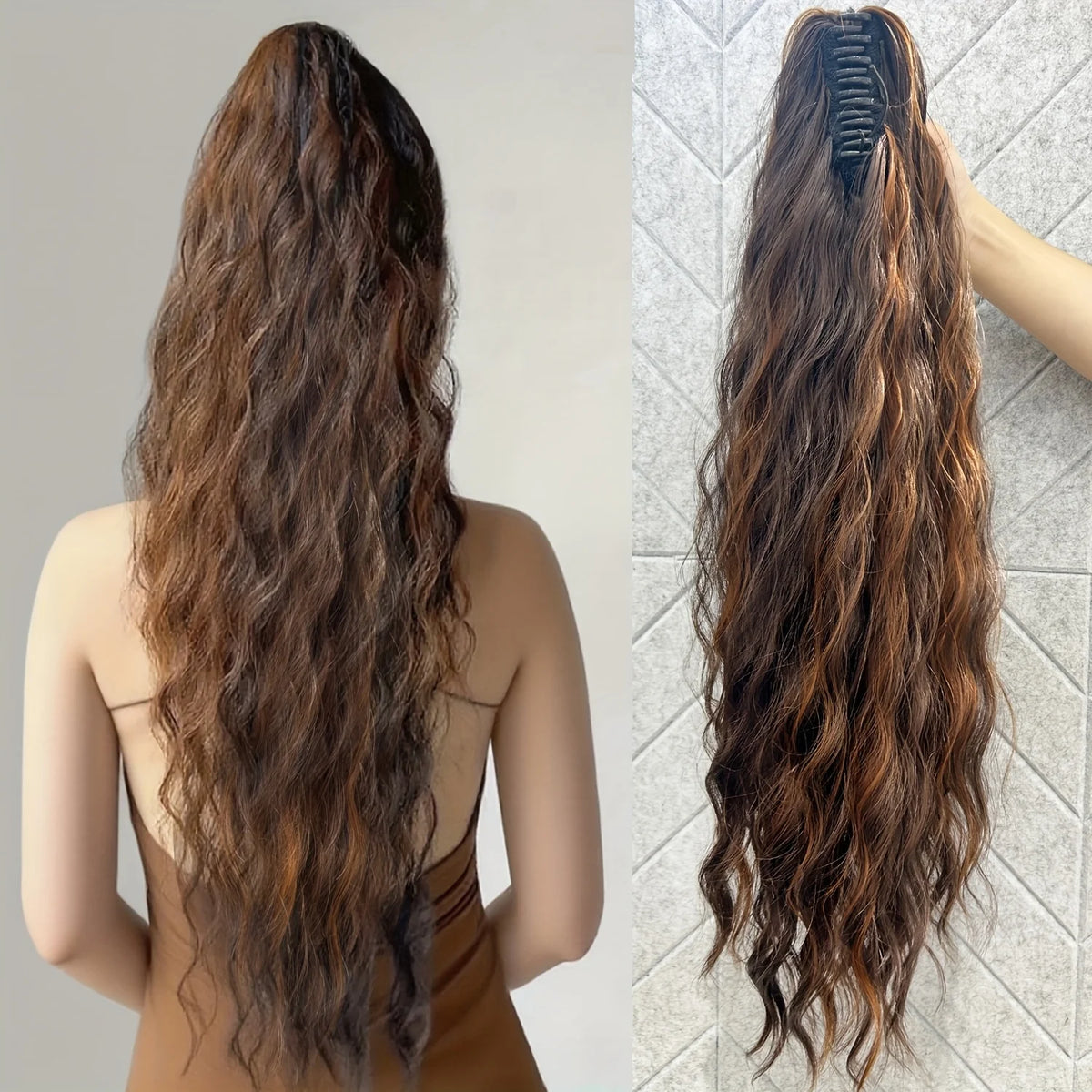 Long wavy ponytail extension with hairstyle and back views
