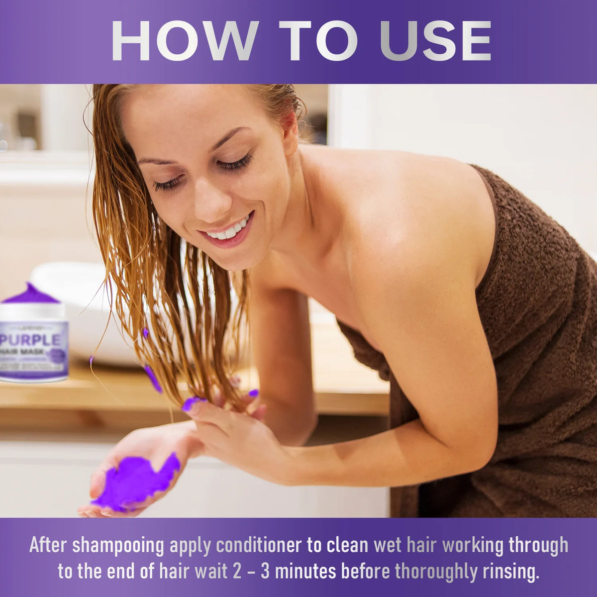 Purple hair mask with hair color and application examples