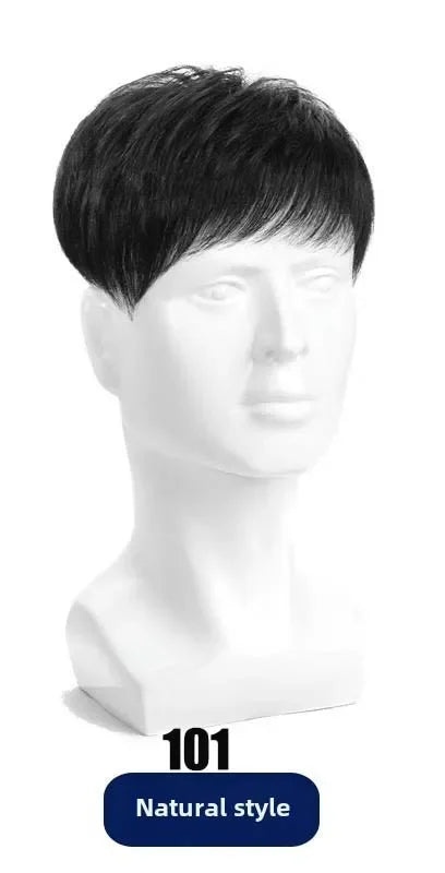 Short dark hair topper styles shown on mannequins