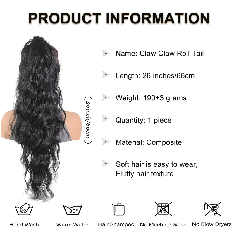 Long wavy ponytail extension with dimensions and product information