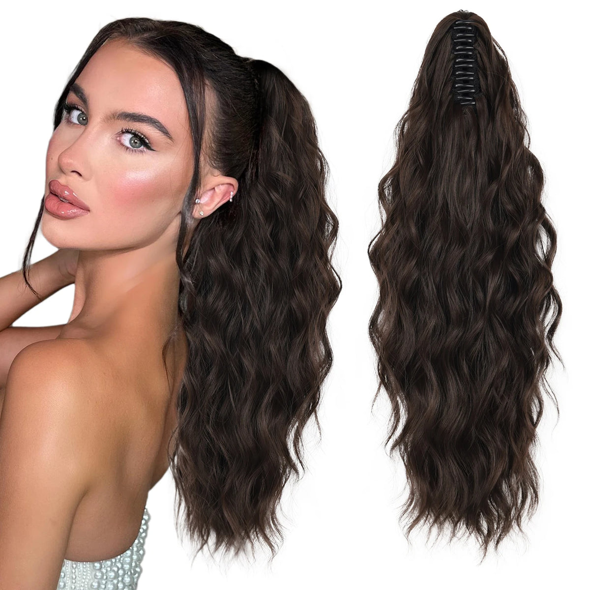 Wavy ponytail extension shown beside a styled ponytail