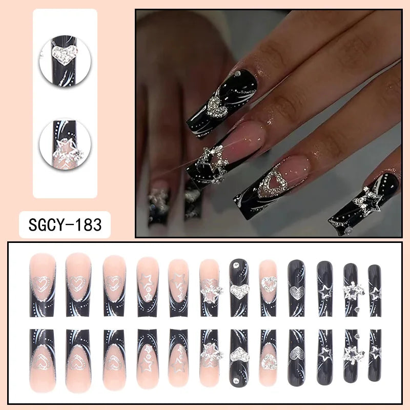 Press-on nail set with manicure example and design samples