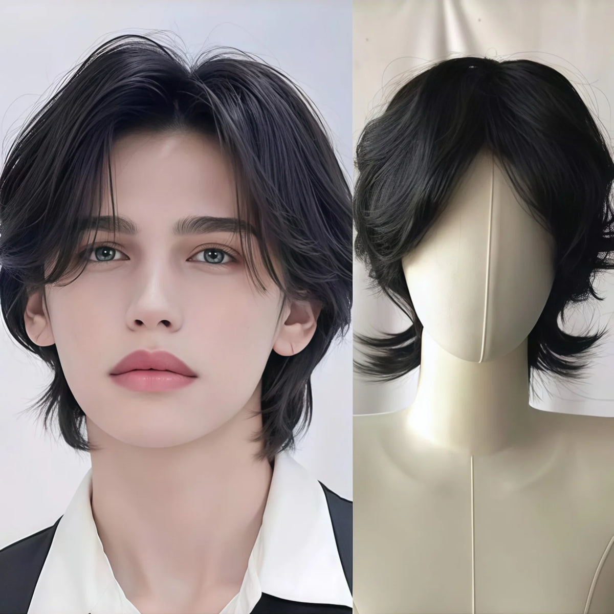 Short layered dark wig with front and side views