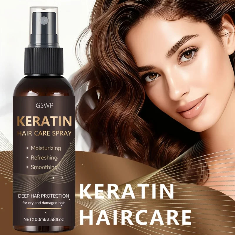 Keratin hair spray with hair care and application illustrations