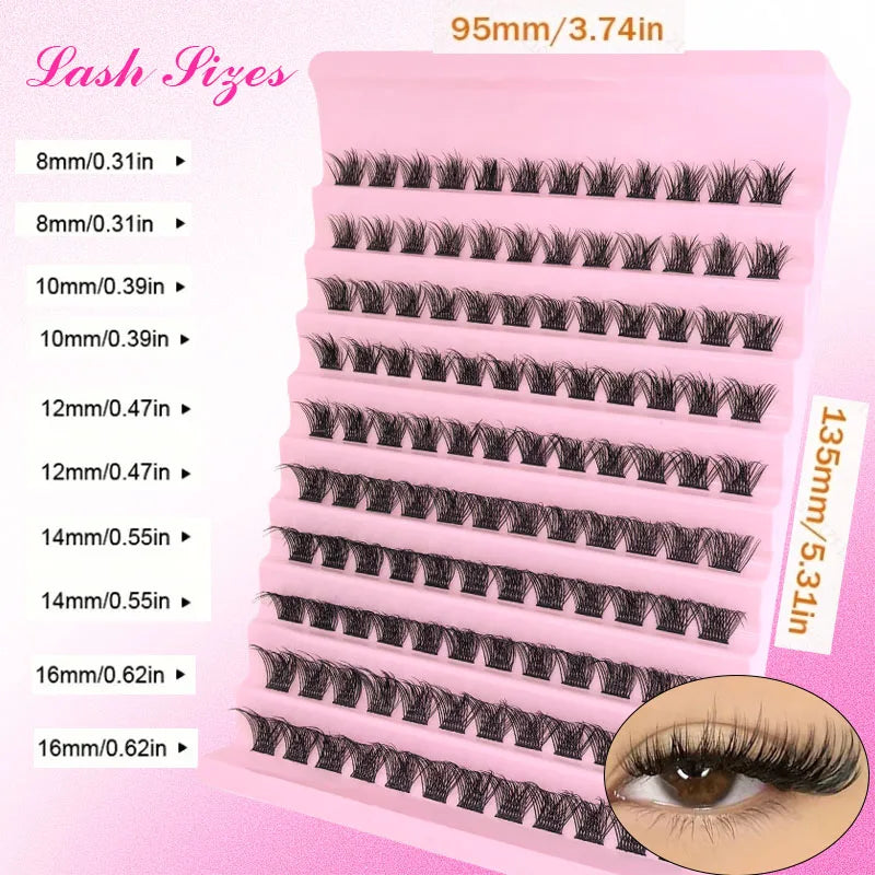 False eyelash clusters in trays with lash application examples