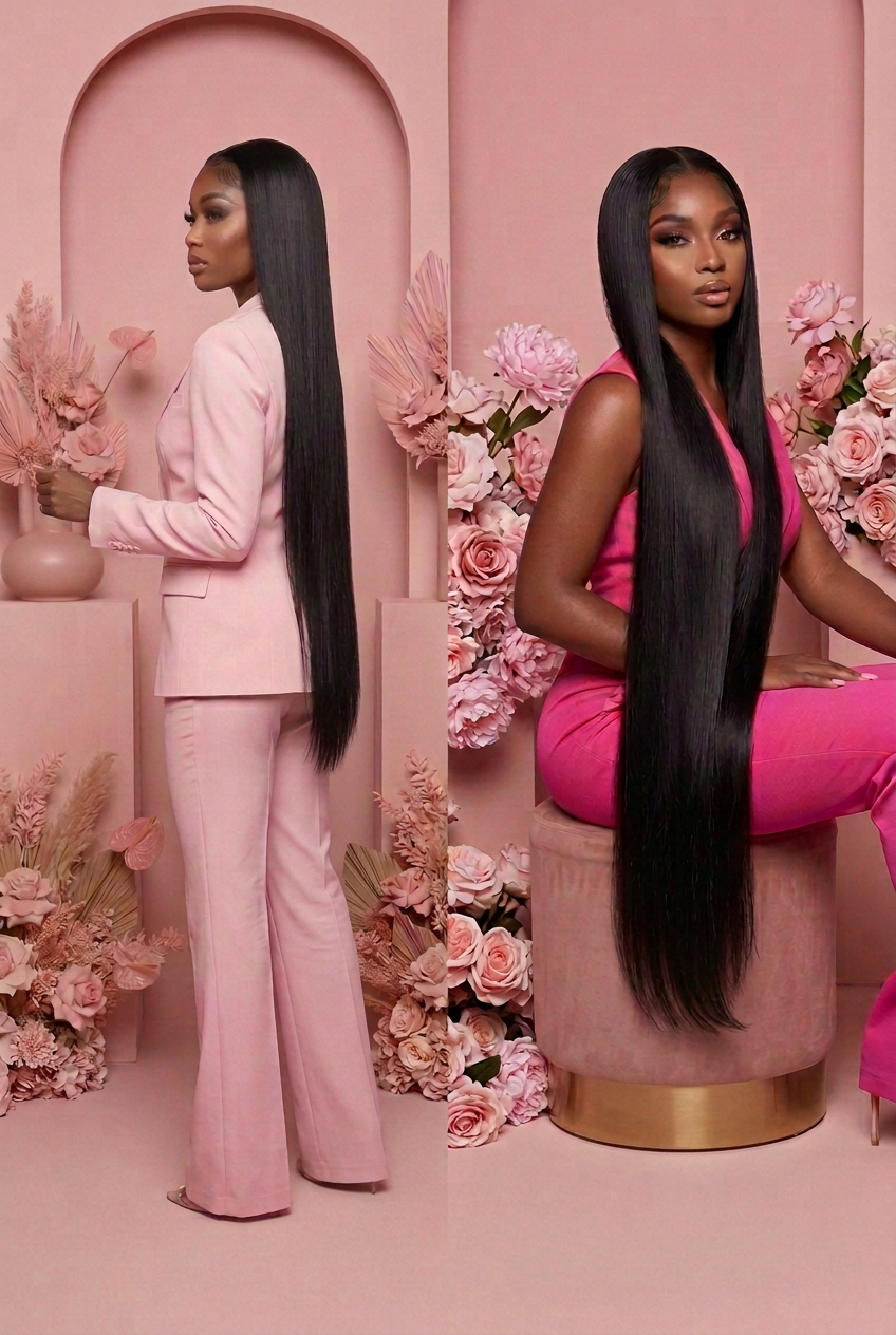 Inches to the Floor: Bone Straight Brazilian Remy Blend Wig -16 to 42"- Transparent Swiss HD Lace