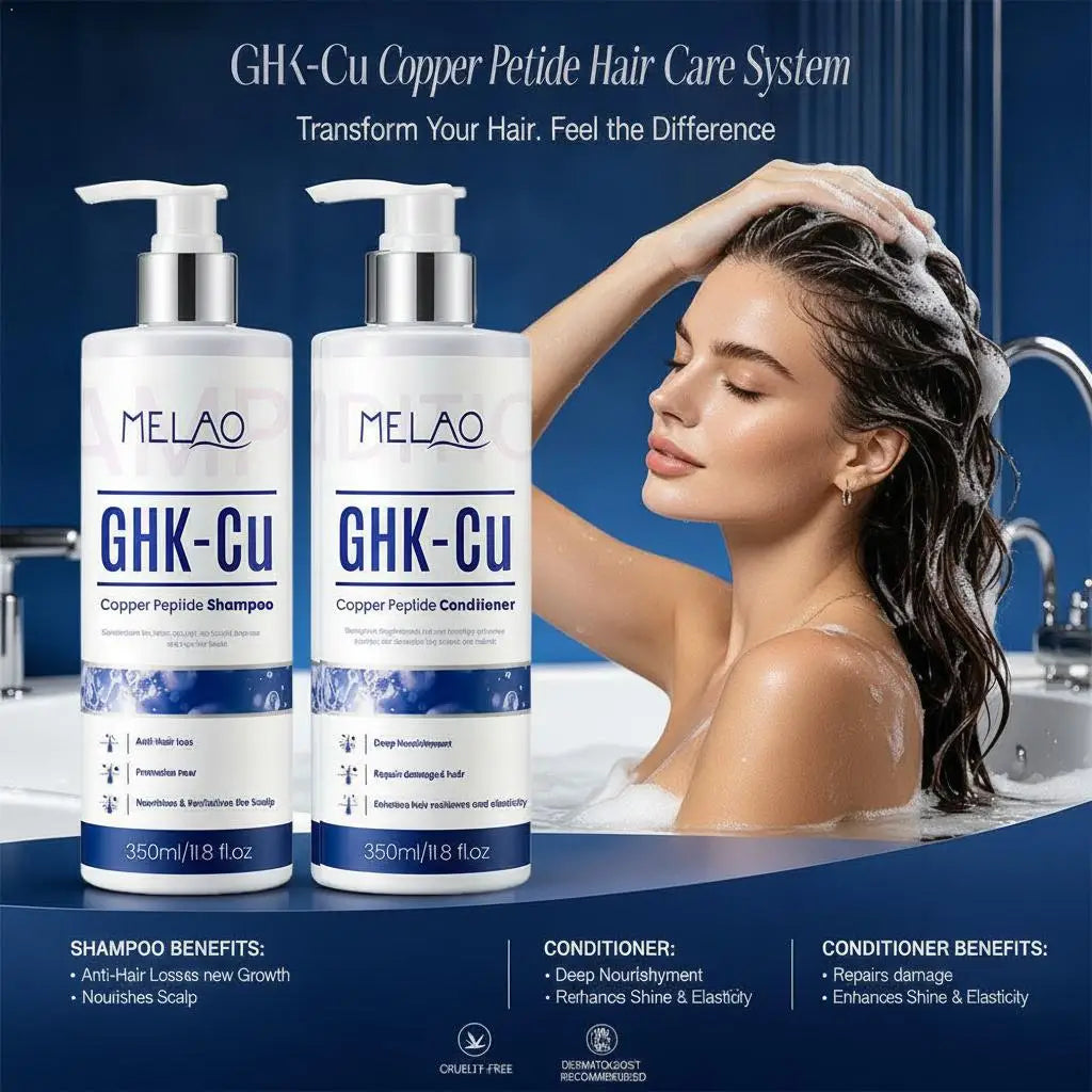 Copper peptide shampoo and conditioner with hair washing illustrations