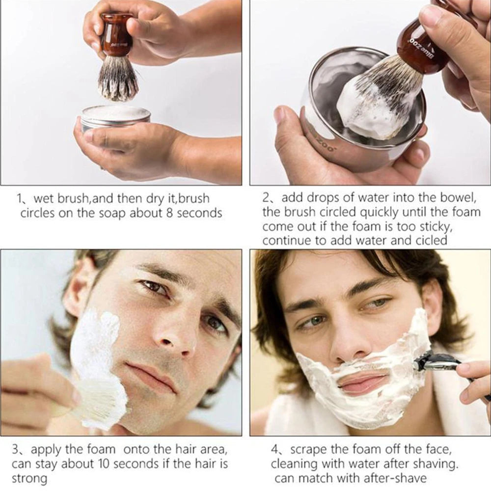 Shaving soap with lather and shaving brush application examples