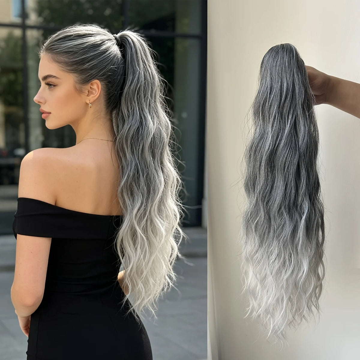 Long wavy ponytail extension with hairstyle and back views