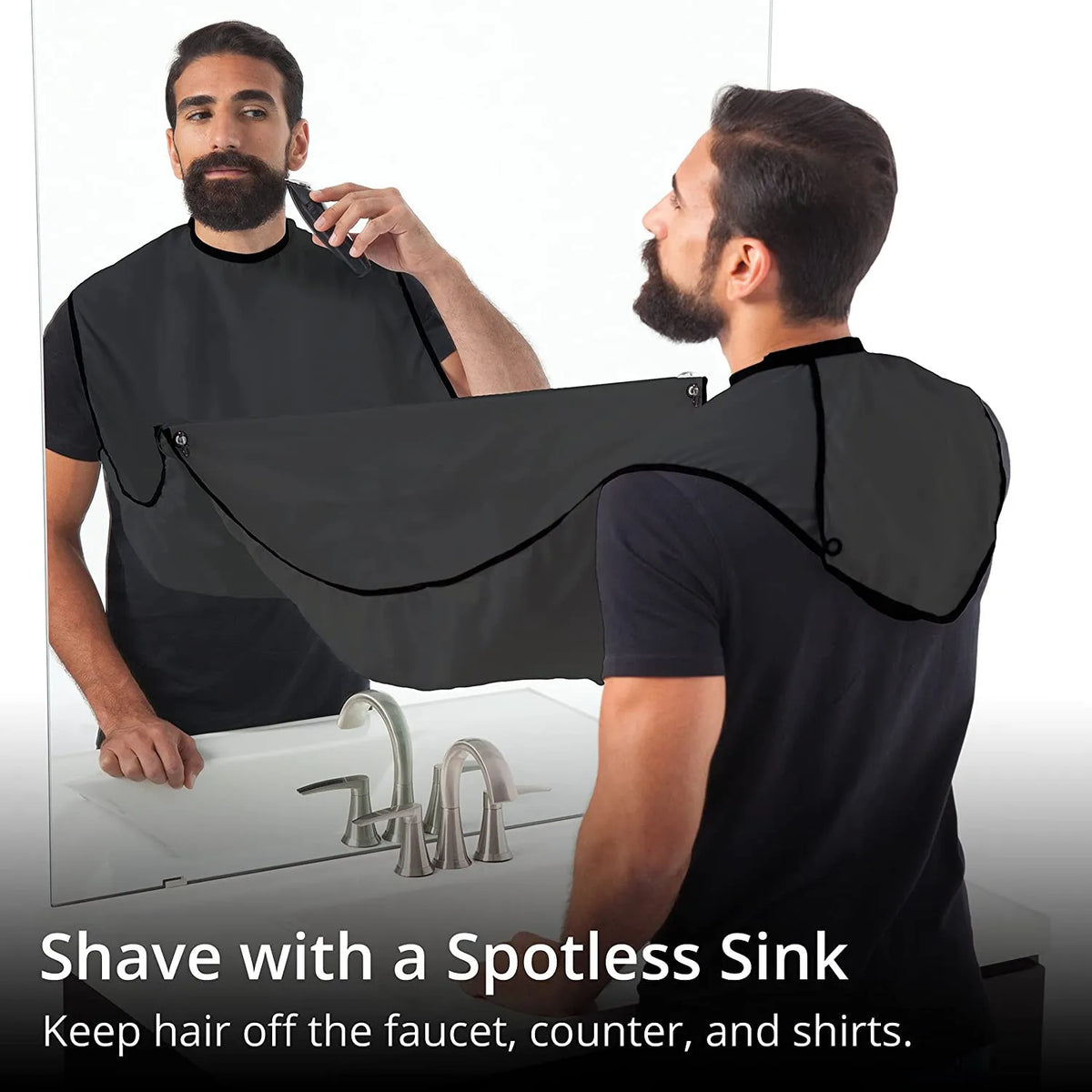 Beard-trimming apron shown worn during grooming and emptied afterward