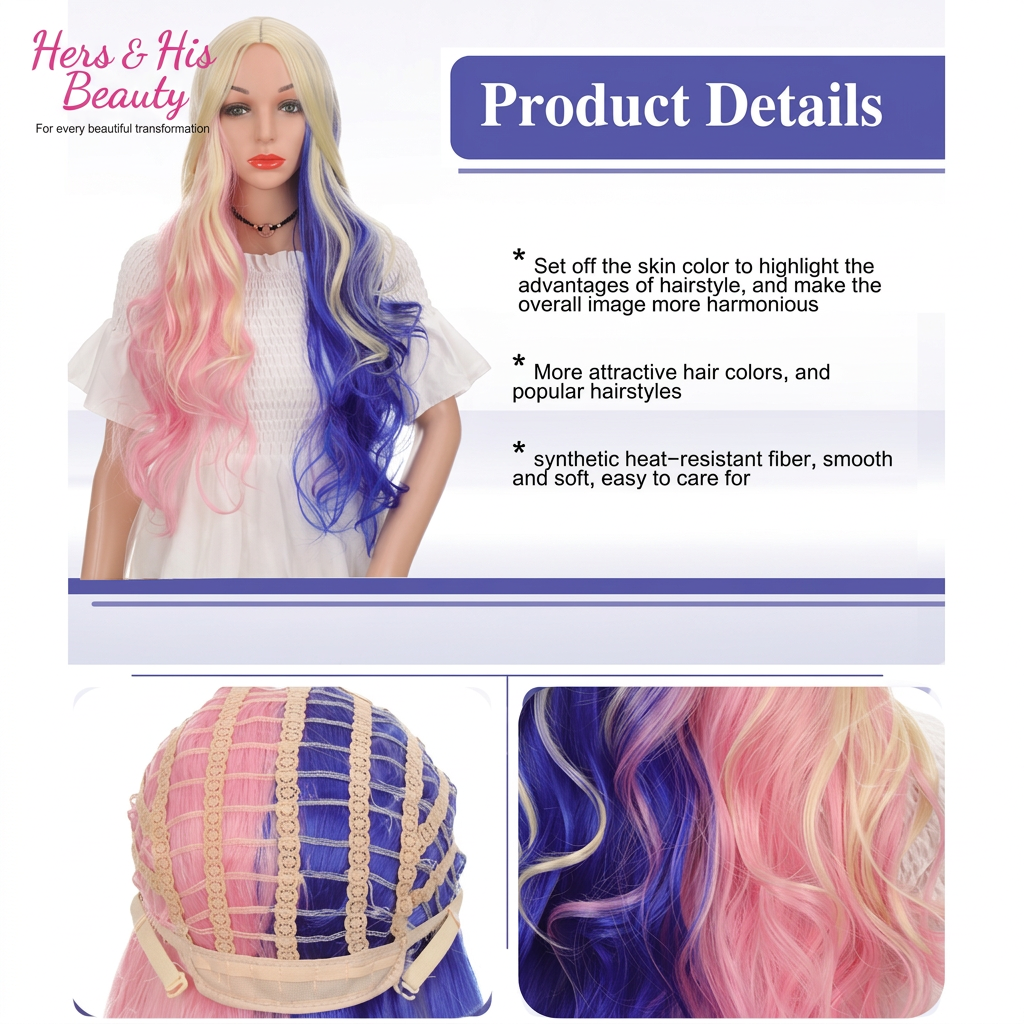Title: Pink & Blue Color-Block Wavy Cosplay Wig - Long Voluminous Curly Costume Hair