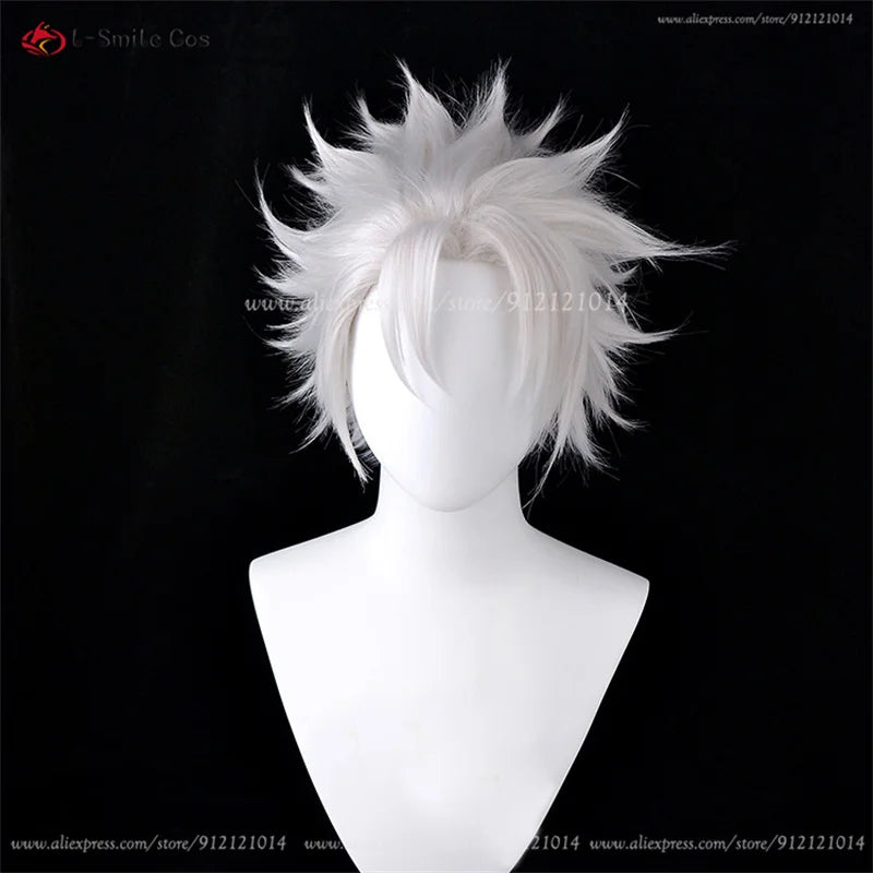 Short spiky white cosplay wig shown on a mannequin