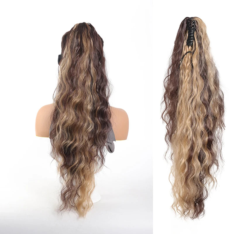 Long wavy ponytail extension shown on a mannequin and laid out