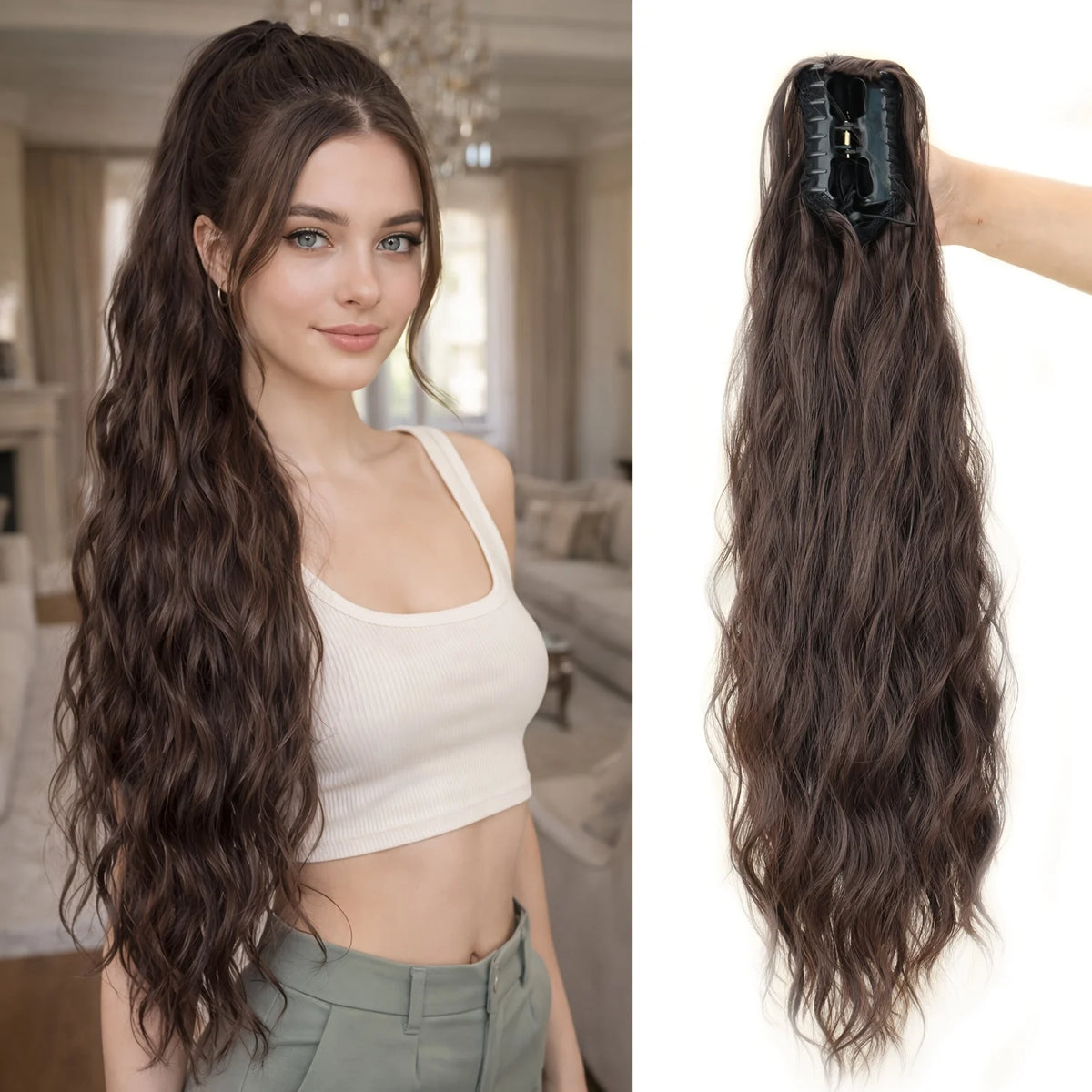 Long wavy ponytail extension with hairstyle and back views