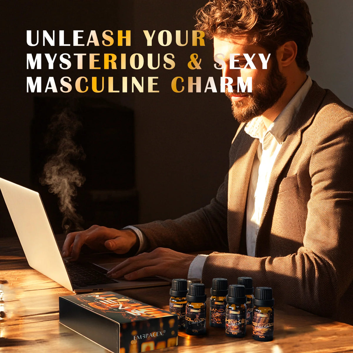 Men's scented oil gift set with home and gift presentation examples
