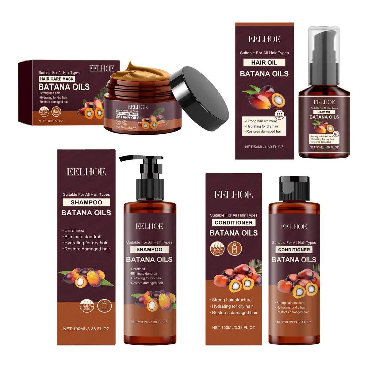 Batana hair care products with hairstyle and use illustrations