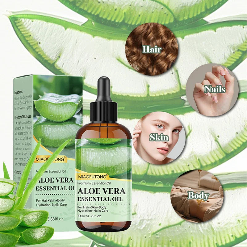 Aloe vera oil with ingredient and application illustrations
