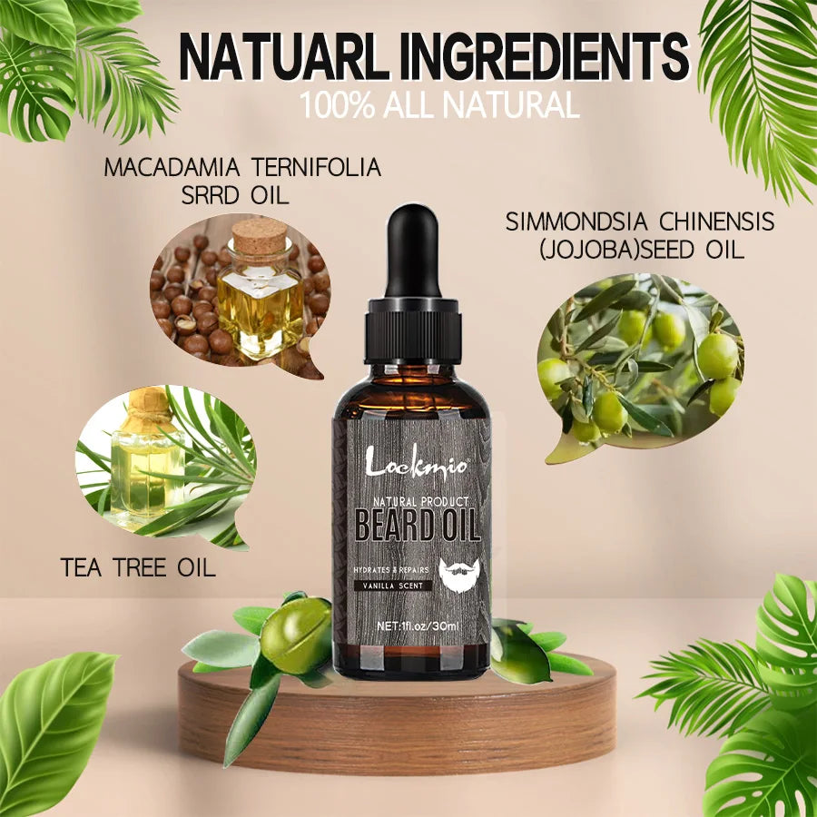 Beard oil with grooming, ingredient and product information