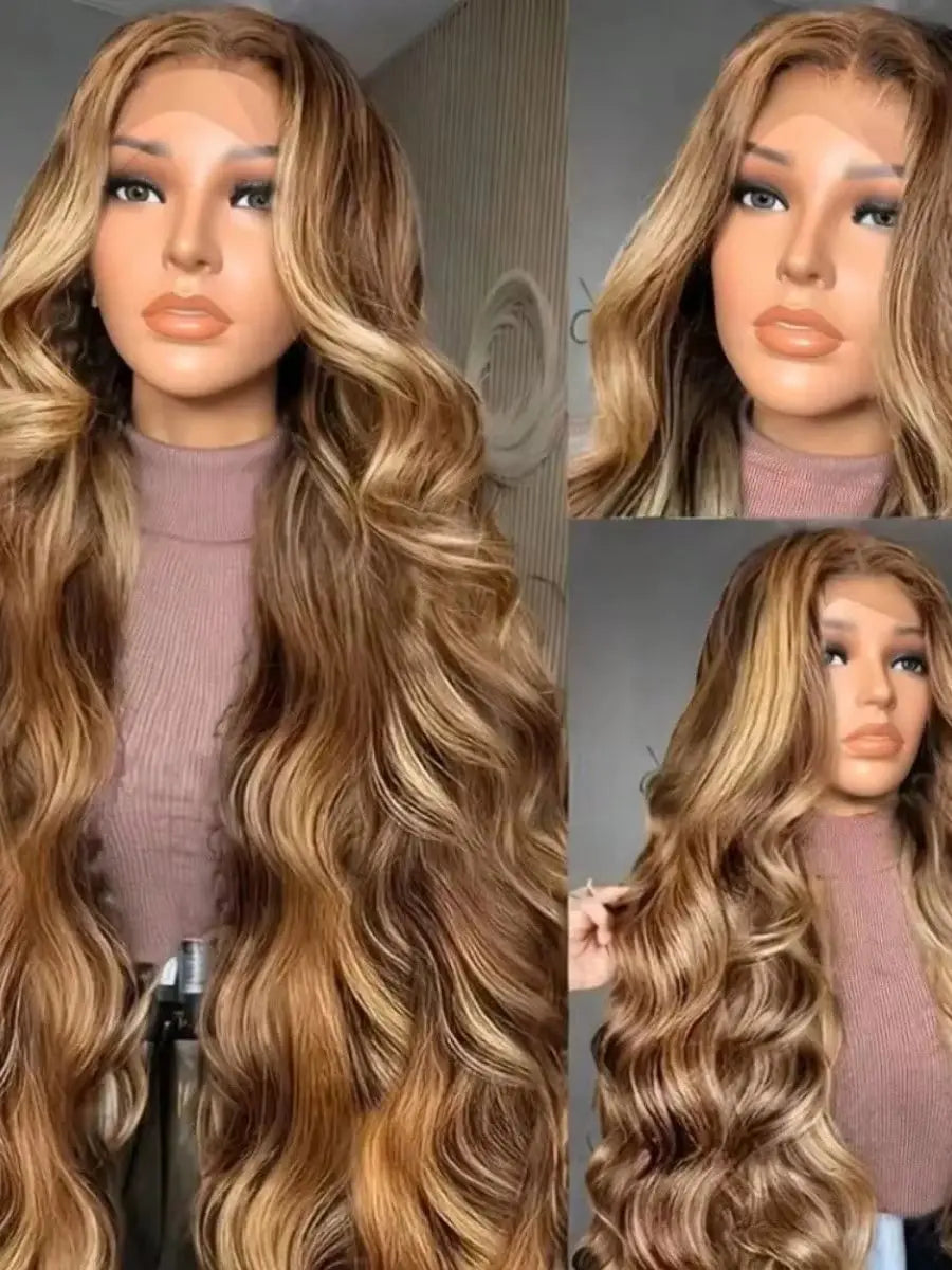 Long highlighted brown wavy wig shown from different angles