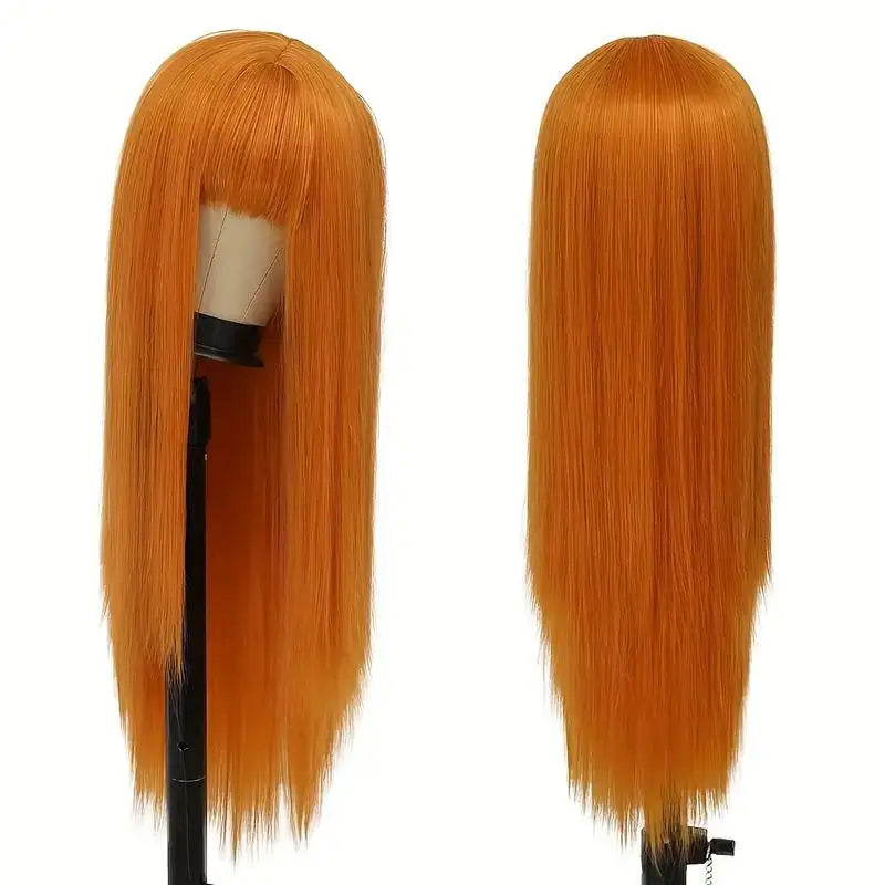 Long orange straight wig with bangs and product details