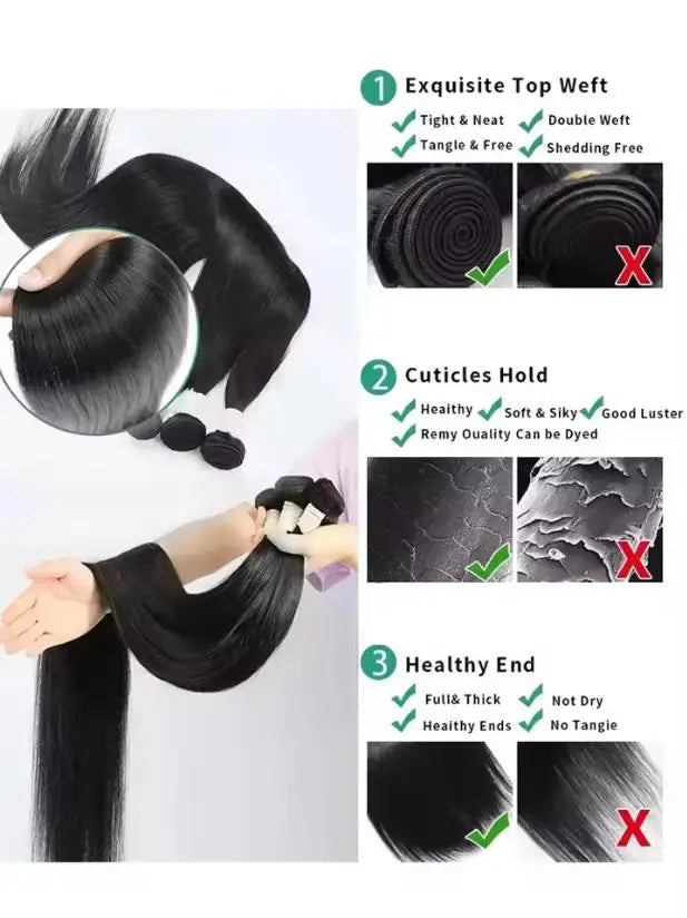 Straight dark hair bundles with texture and weft details