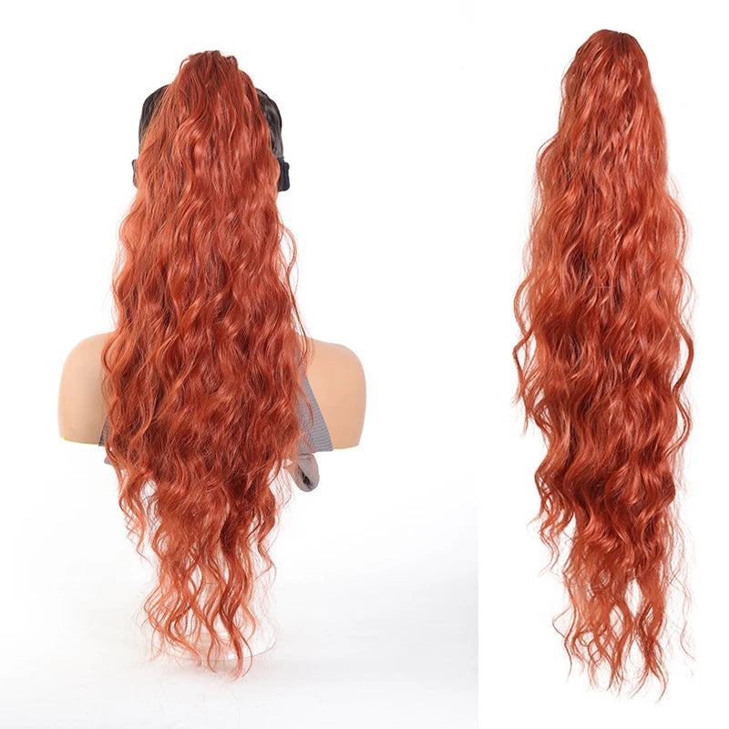 Long wavy ponytail extension shown on a mannequin and laid out