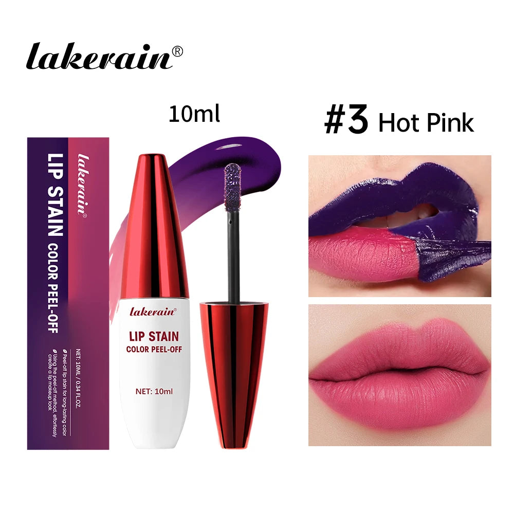 Lip stain shade shown on lips beside its tube and packaging