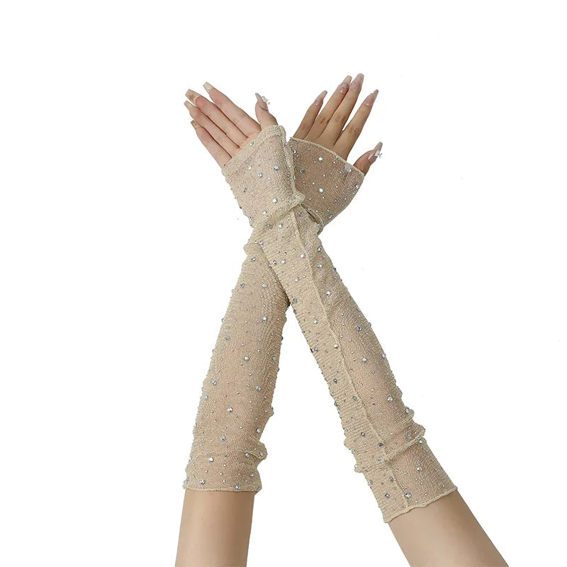 Long Fingerless Rhinestone Mesh Gloves