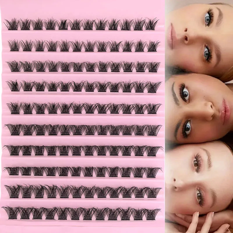 False eyelash clusters in trays with lash application examples