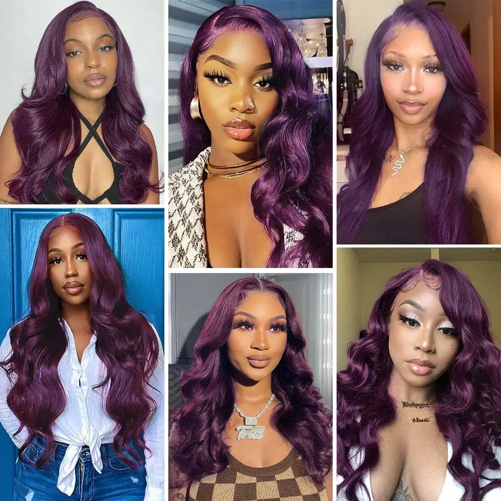 Long purple wavy wig with styling examples