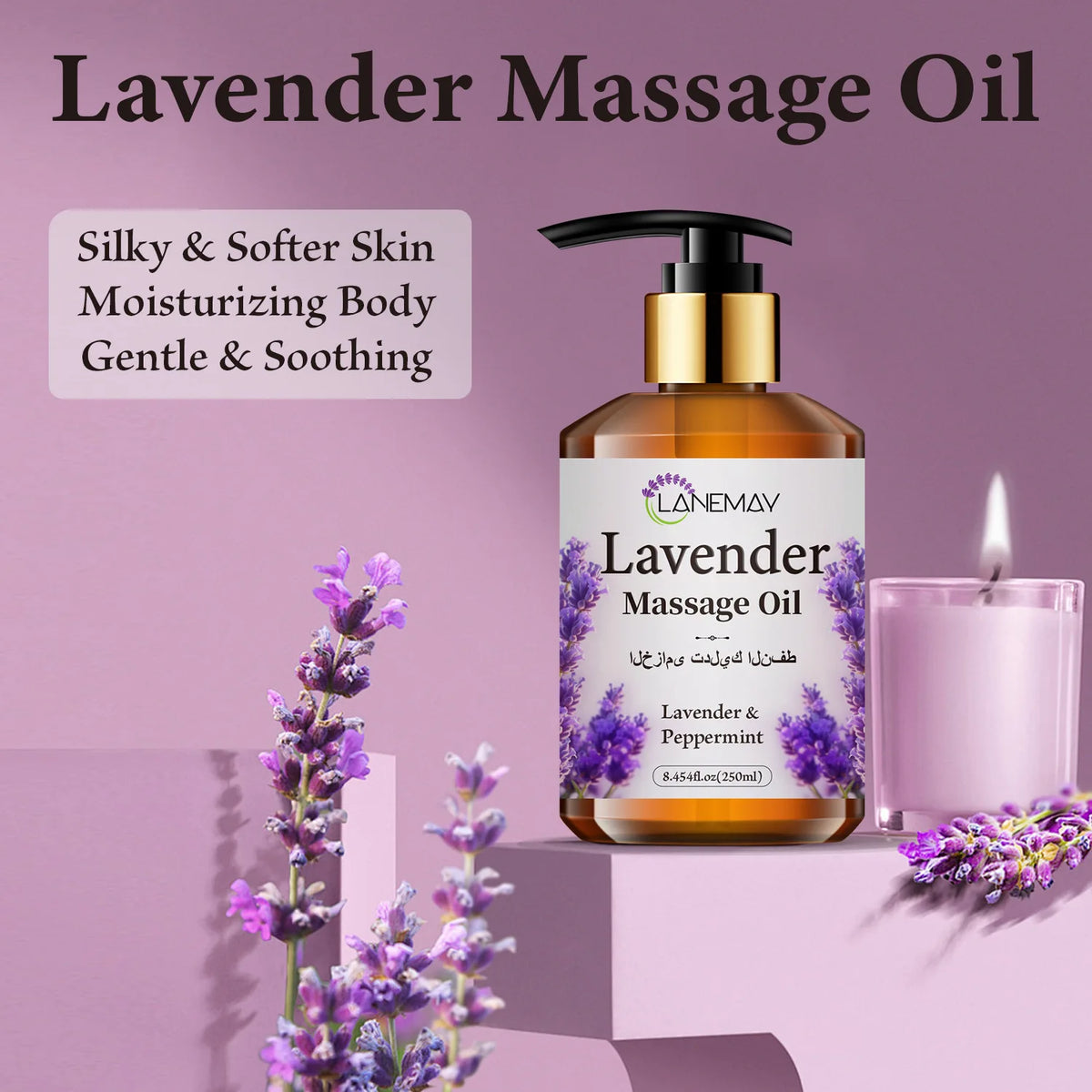 Lavender massage oil with ingredients and massage application illustrations